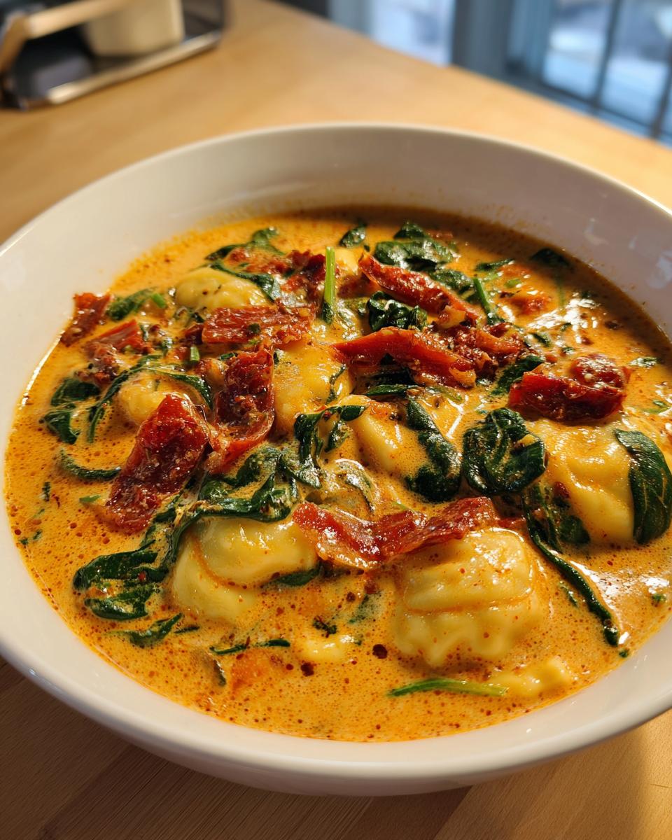 Close-up of a white bowl filled with creamy Tuscan ravioli soup, featuring ravioli, spinach, and sun-dried tomatoes.