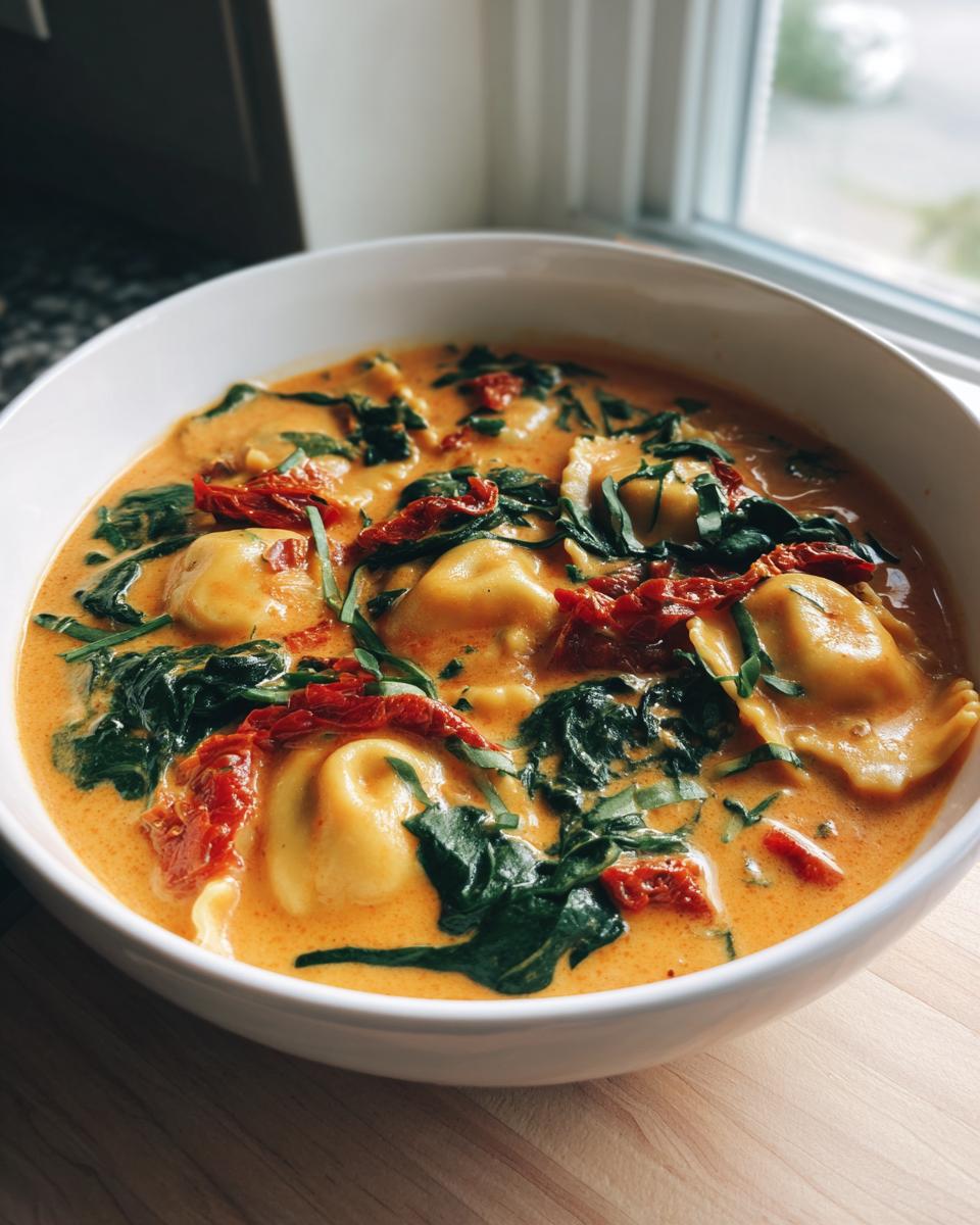 A close-up of a white bowl filled with creamy Tuscan ravioli soup, featuring ravioli, spinach, and sun-dried tomatoes.
