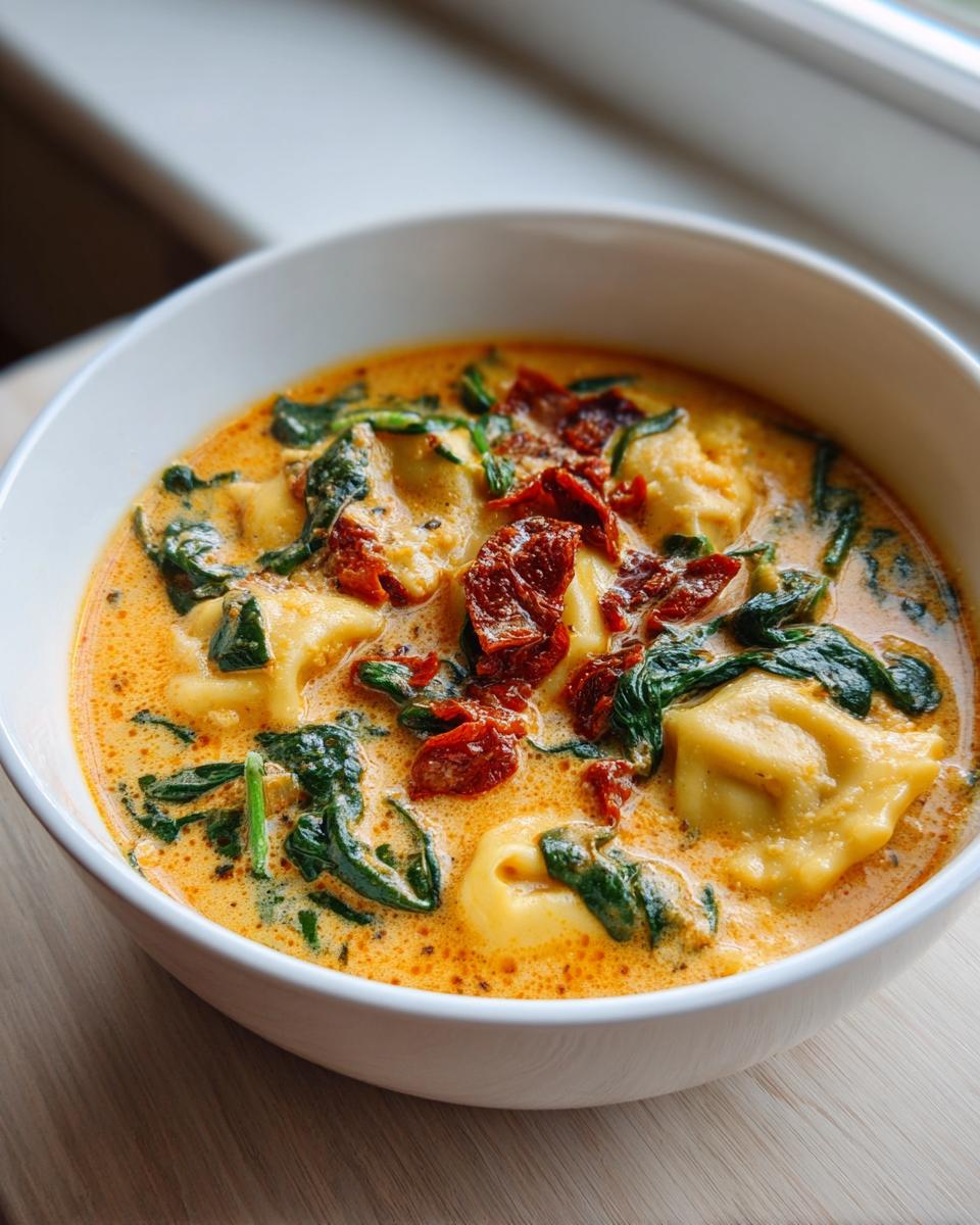 A close-up view of a white bowl filled with creamy Tuscan ravioli soup, featuring spinach and sun-dried tomatoes.