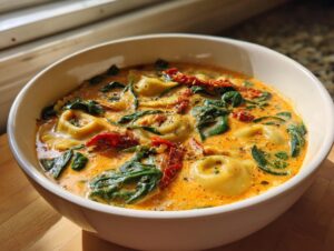 A close-up of a white bowl filled with creamy Tuscan ravioli soup, featuring cheese ravioli, spinach, and sun-dried tomatoes.