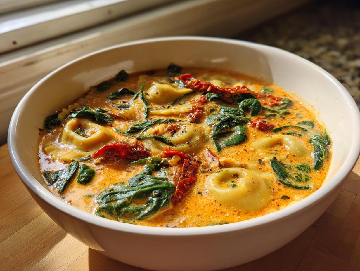 A close-up of a white bowl filled with creamy Tuscan ravioli soup, featuring cheese ravioli, spinach, and sun-dried tomatoes.