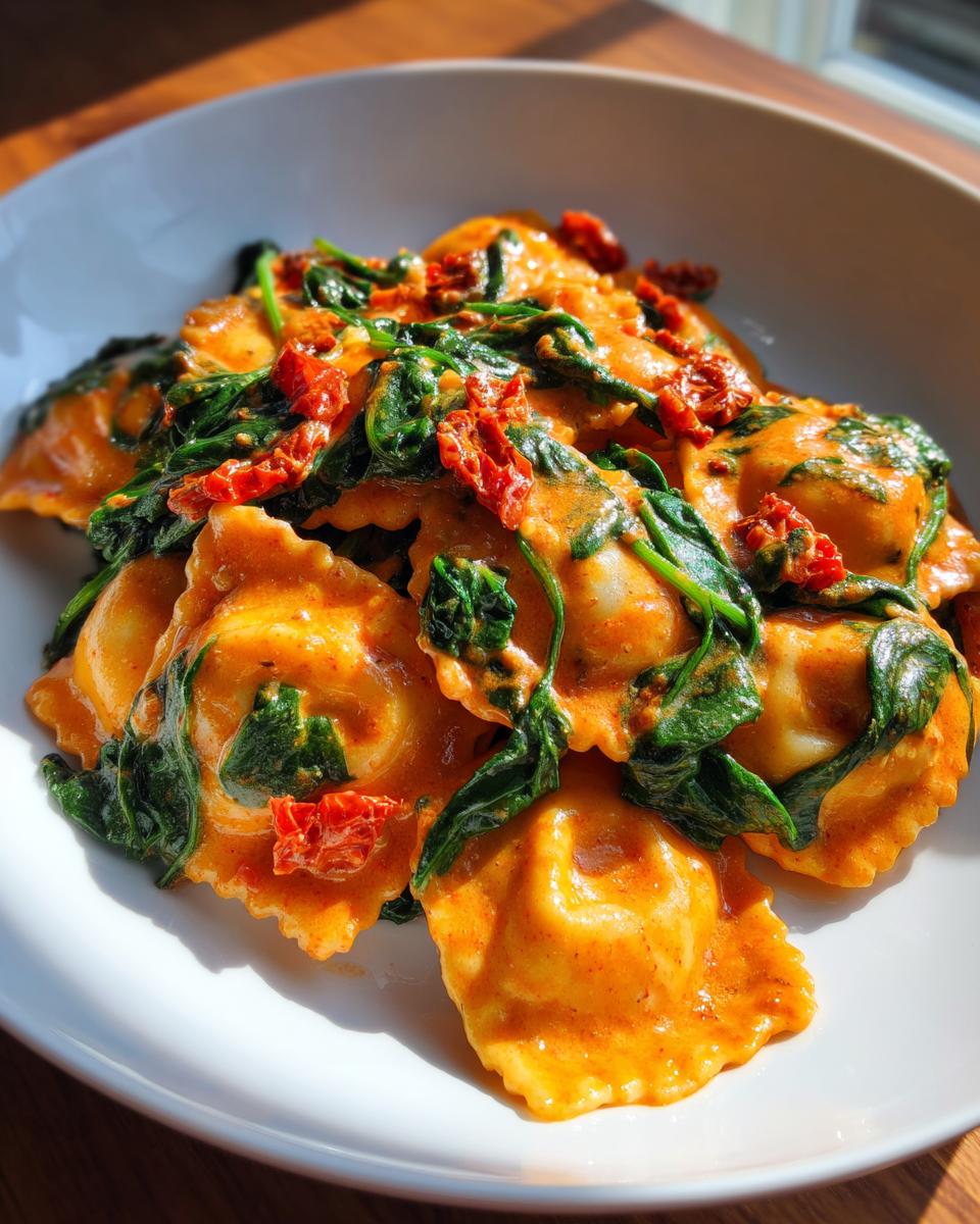 A close-up of creamy Tuscan ravioli coated in a rich, orange sauce, mixed with wilted spinach and sun-dried tomatoes.