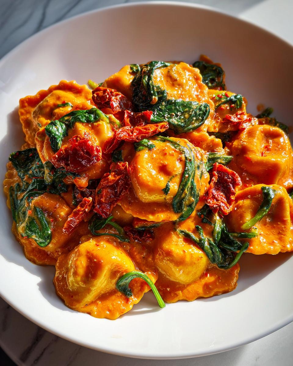 A close-up of creamy Tuscan ravioli tossed in a rich orange sauce with wilted spinach and sun-dried tomatoes.