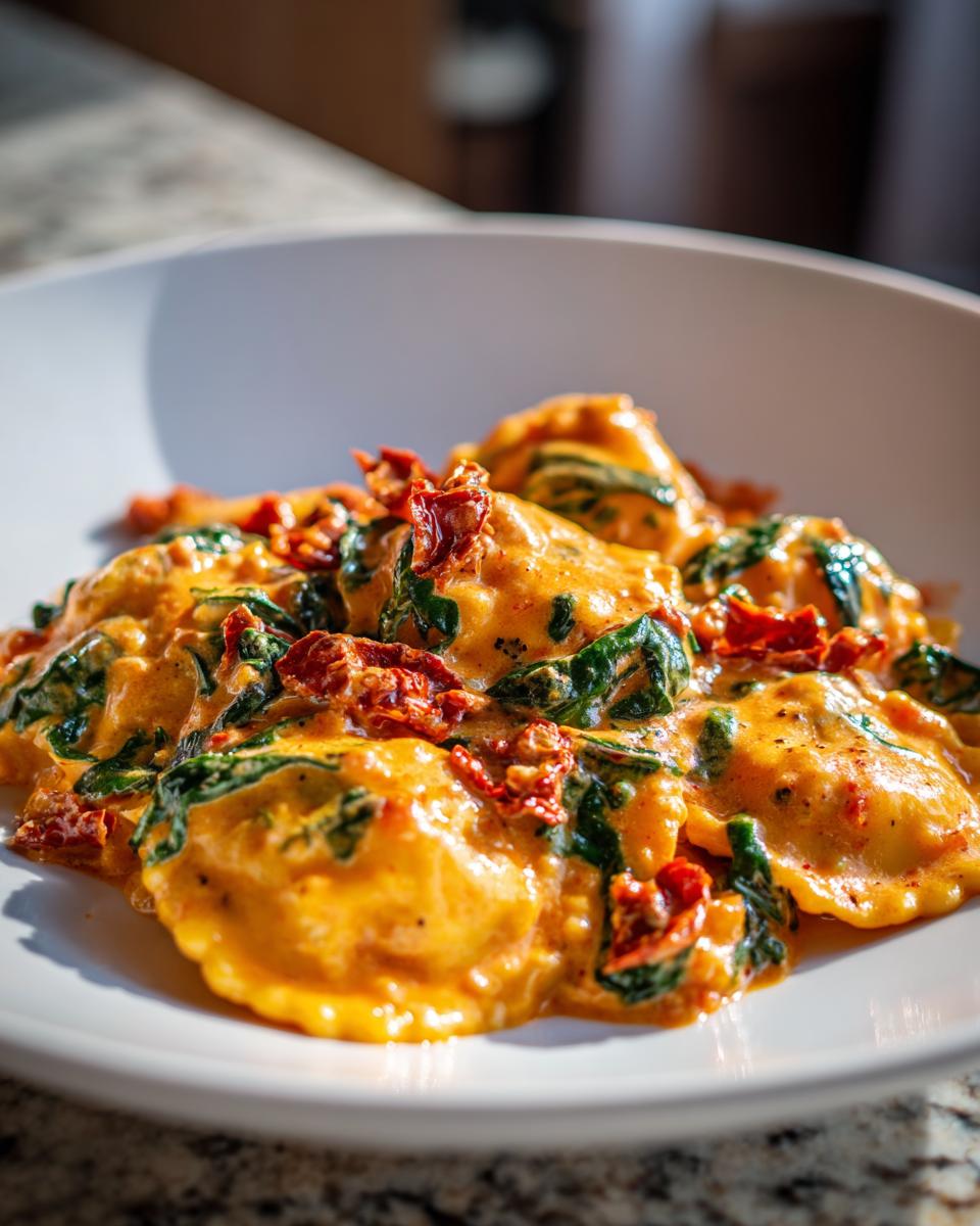 Close-up of creamy Tuscan ravioli with sausage, spinach, and sun-dried tomatoes in a white bowl.