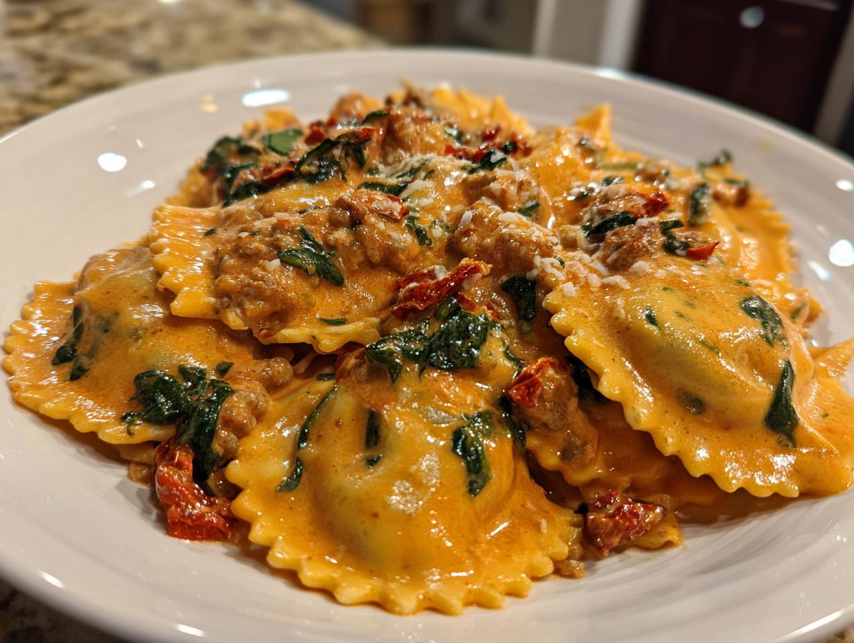 A close-up of creamy Tuscan ravioli with sausage, spinach, and sun-dried tomatoes in a rich orange sauce.