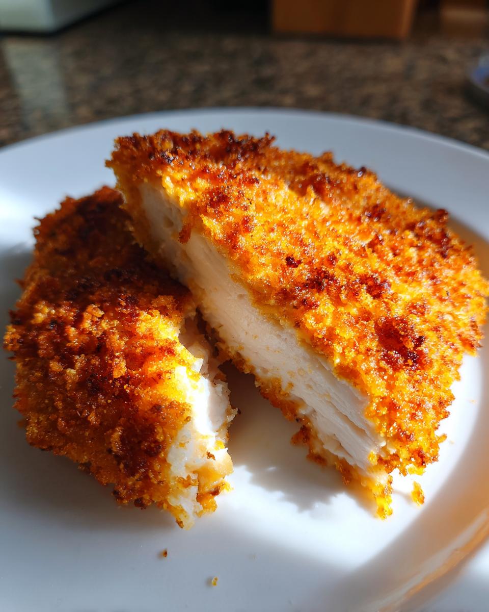 Close-up of crispy breaded air fryer chicken breast cut in half showing juicy white meat inside.