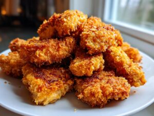 A close-up pile of golden brown, crispy air fryer chicken tenders stacked on a white plate.