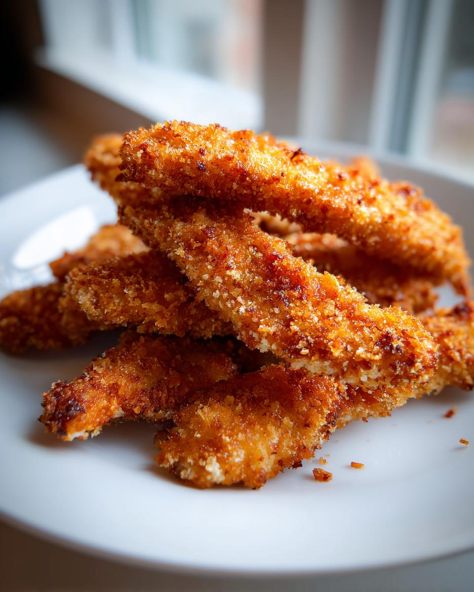 Close-up of golden brown, crispy air fryer chicken tenders stacked on a white plate near a window.