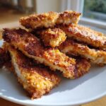 A close-up stack of golden brown, crispy air fryer chicken tenders resting on a white plate.