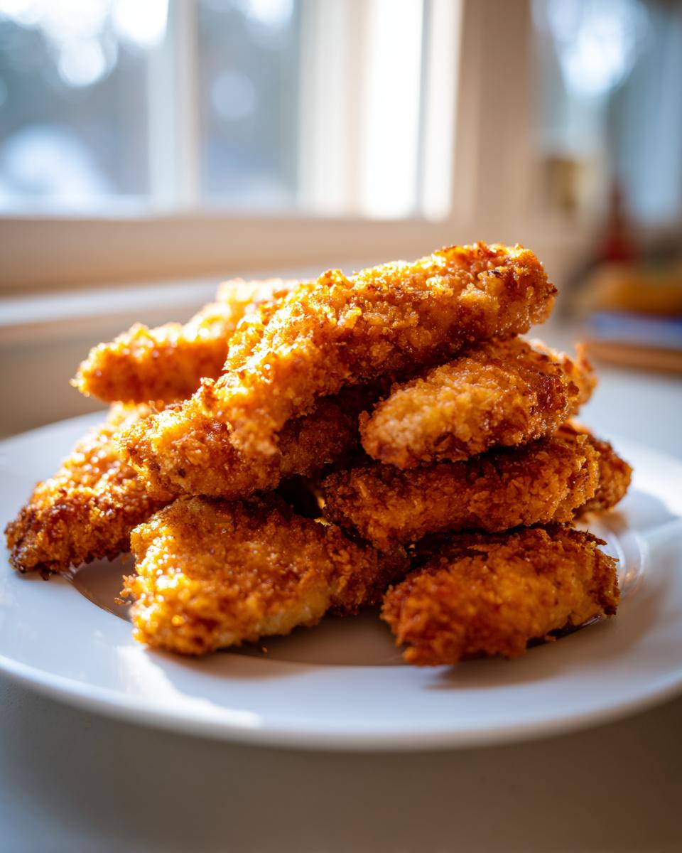 A pile of golden brown, crispy air fryer chicken tenders stacked high on a white plate near a bright window.