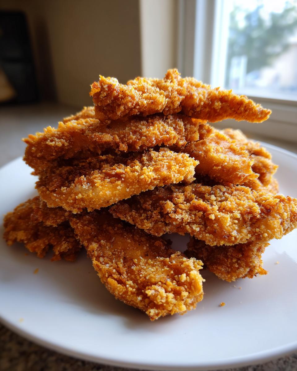 A close-up stack of golden brown, crispy air fryer chicken tenders piled high on a white plate.