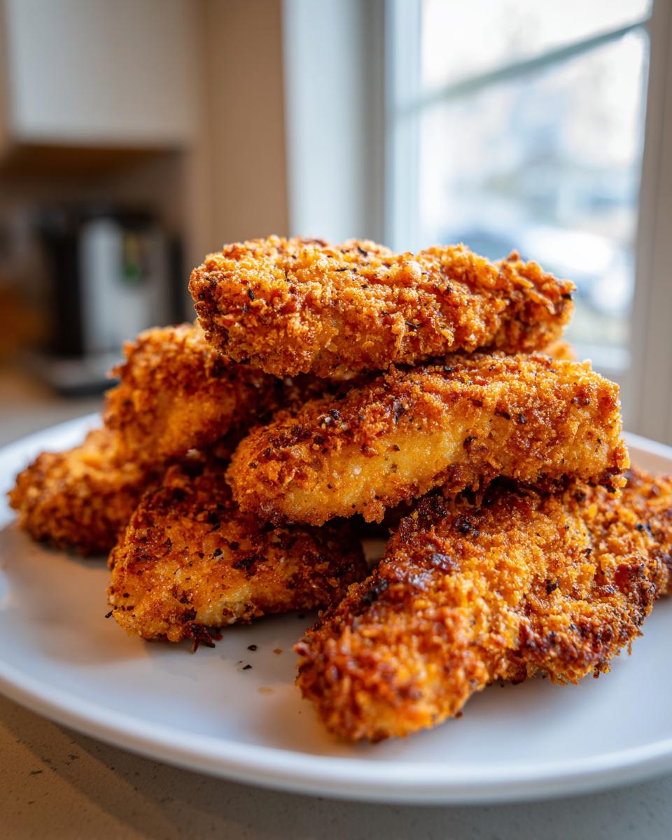 A stack of perfectly golden brown, crispy air fryer chicken tenders piled high on a white plate.