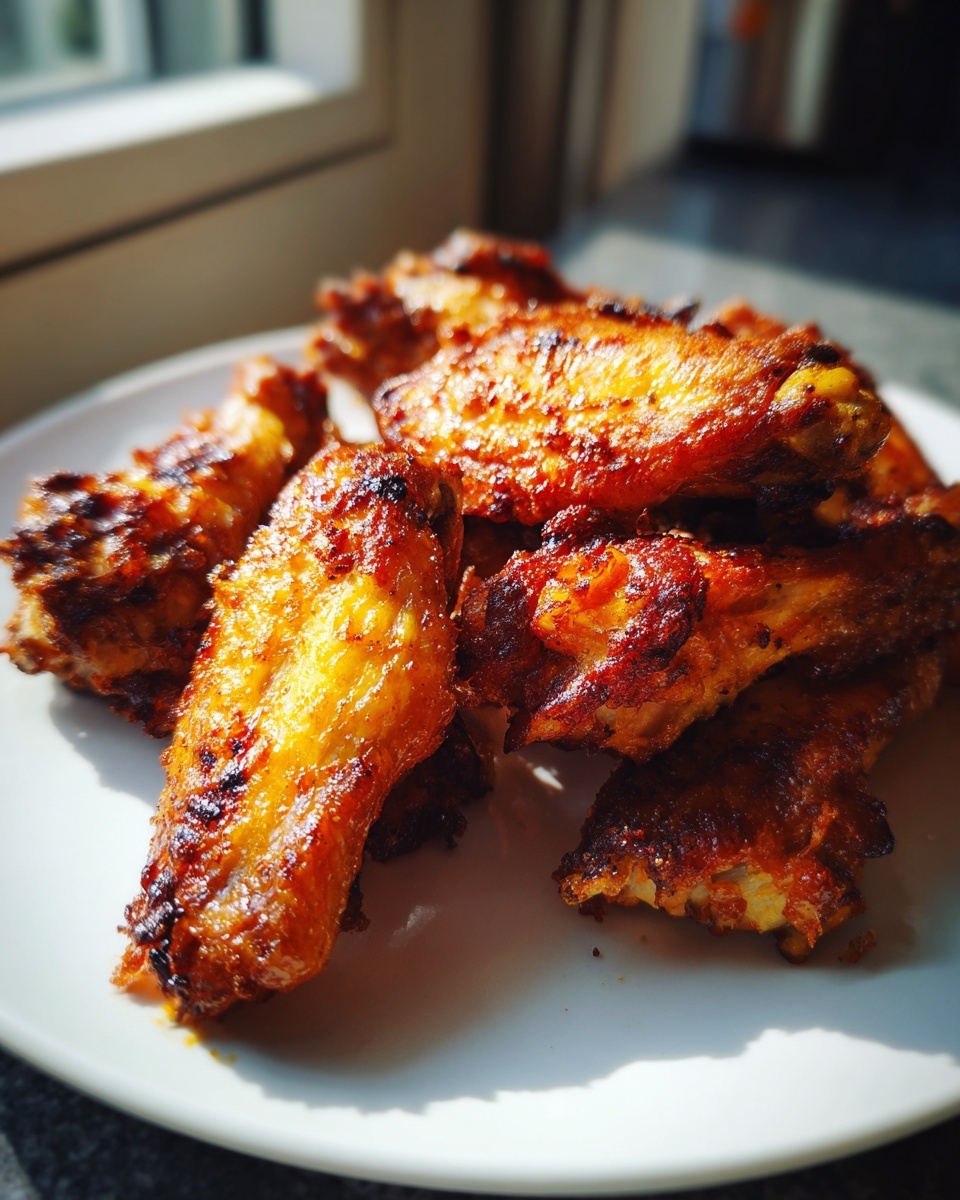 Close-up of several perfectly cooked, crispy, golden brown chicken wing pieces piled on a white plate.