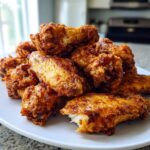 A pile of golden brown, crispy fried chicken wing pieces stacked on a white plate.