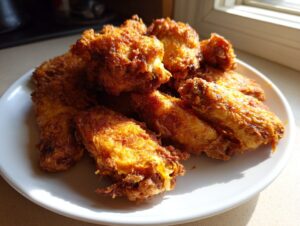 A pile of golden brown, crispy fried chicken wing pieces served on a white plate.