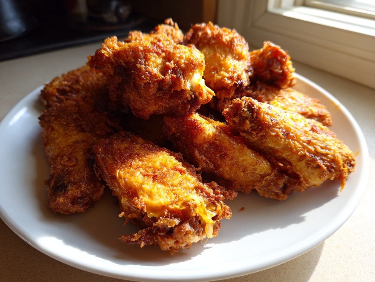 A pile of golden brown, crispy fried chicken wing pieces served on a white plate.
