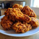 Close-up of a pile of golden brown, crispy fried chicken wings stacked high on a white plate.