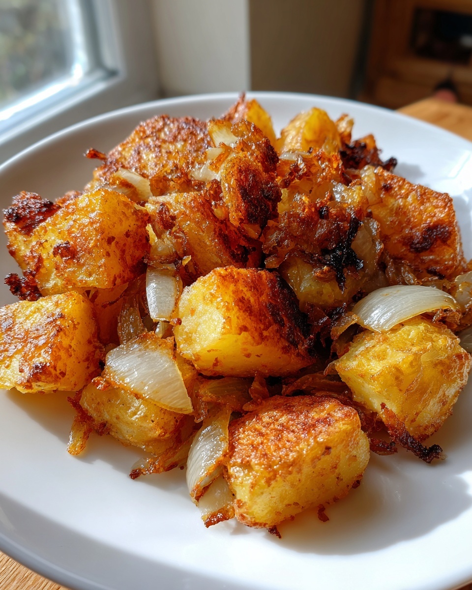 Close-up of golden brown, crispy fried potatoes mixed with caramelized onions served on a white plate.