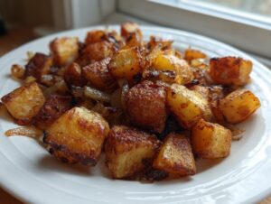 Close-up of golden brown, crispy fried potatoes mixed with sautéed onions served on a white plate.