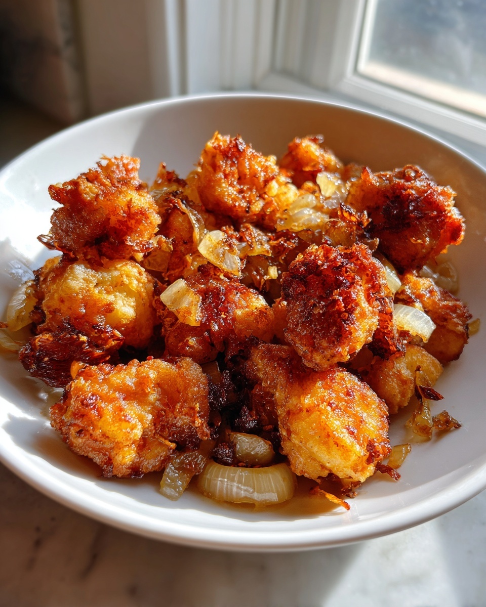 A white bowl filled with golden brown, crispy fried potatoes and sautéed onions.