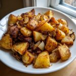 A white bowl filled with golden brown, crispy fried potatoes mixed with caramelized onions.