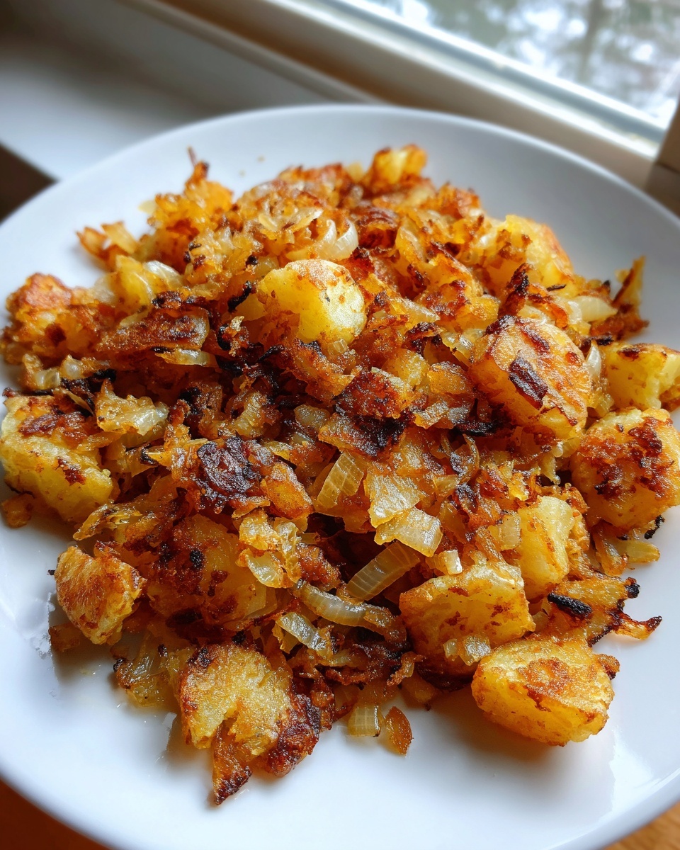 A close-up of golden brown, crispy fried potatoes mixed with caramelized onions served on a white plate.