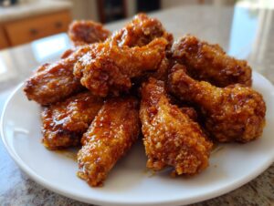 A pile of crispy, glazed chicken wings coated in a shiny, amber sauce served on a white plate.