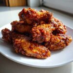 A pile of incredibly crispy, glazed chicken wings coated in a rich, dark sauce, served on a white plate.