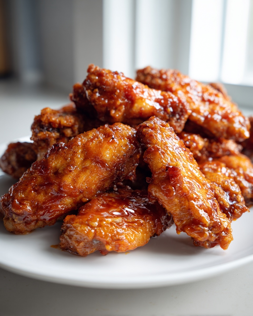 A pile of crispy, glazed chicken wings coated in a shiny, dark orange sauce, served on a white plate.