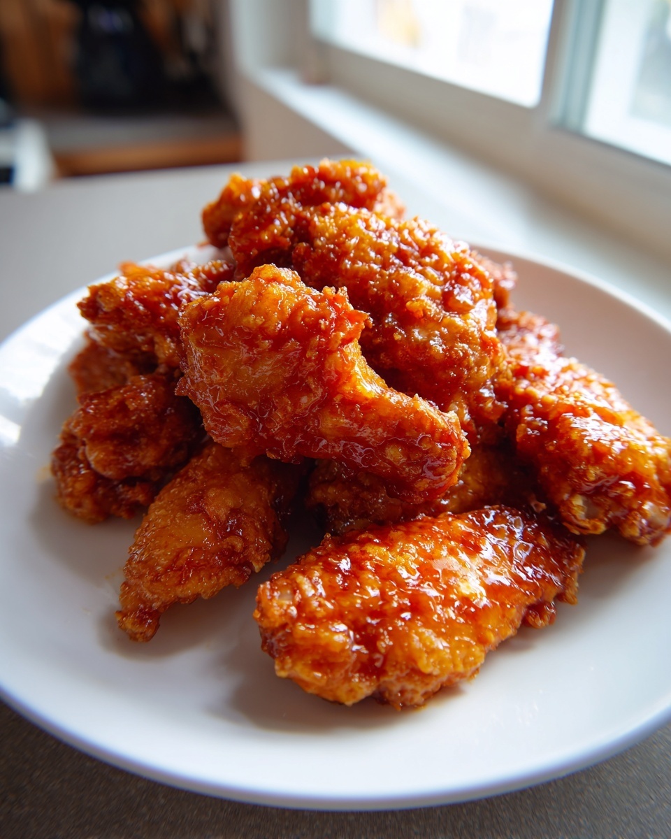 A pile of crispy, glazed chicken wings coated in a shiny, reddish-orange sauce served on a white plate.
