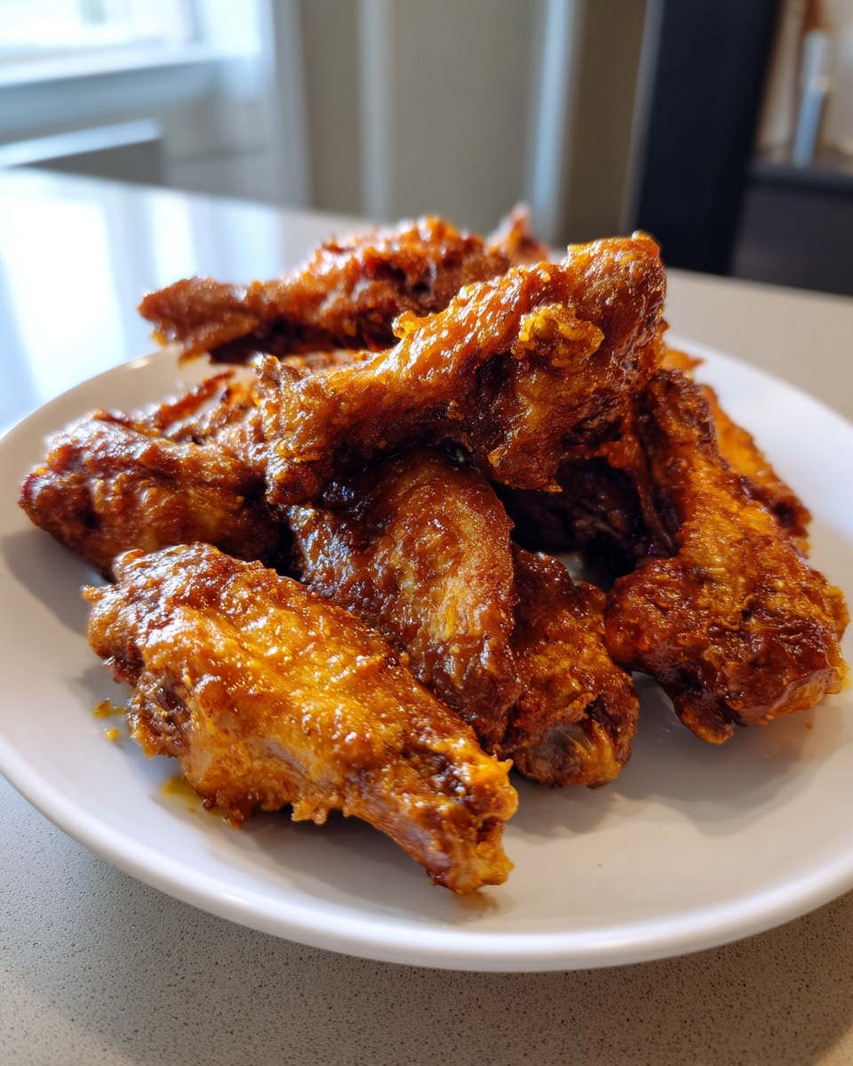 Close-up of a pile of crispy, glazed chicken wings ready to eat.