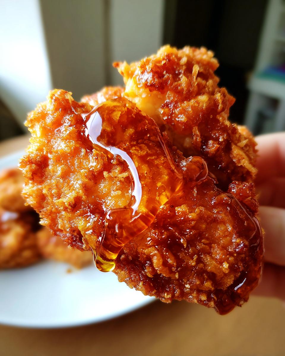 Close-up of a piece of crispy fried chicken being held, generously drizzled with sticky hot honey chicken glaze.
