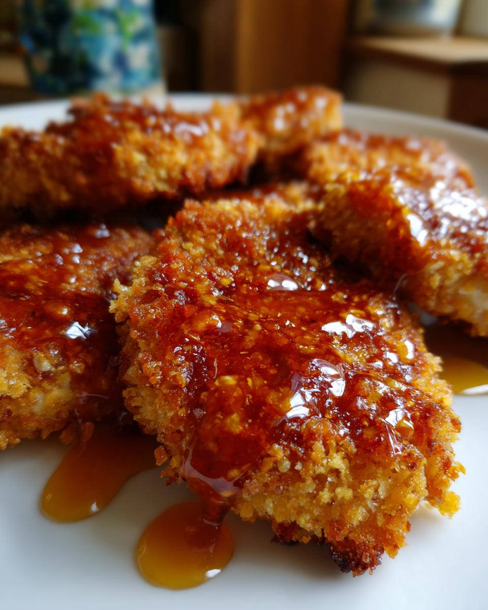 Close-up of crispy fried chicken pieces generously coated in a glossy, amber hot honey glaze.