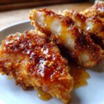 Close-up of crispy fried chicken pieces drizzled with glossy hot honey sauce.