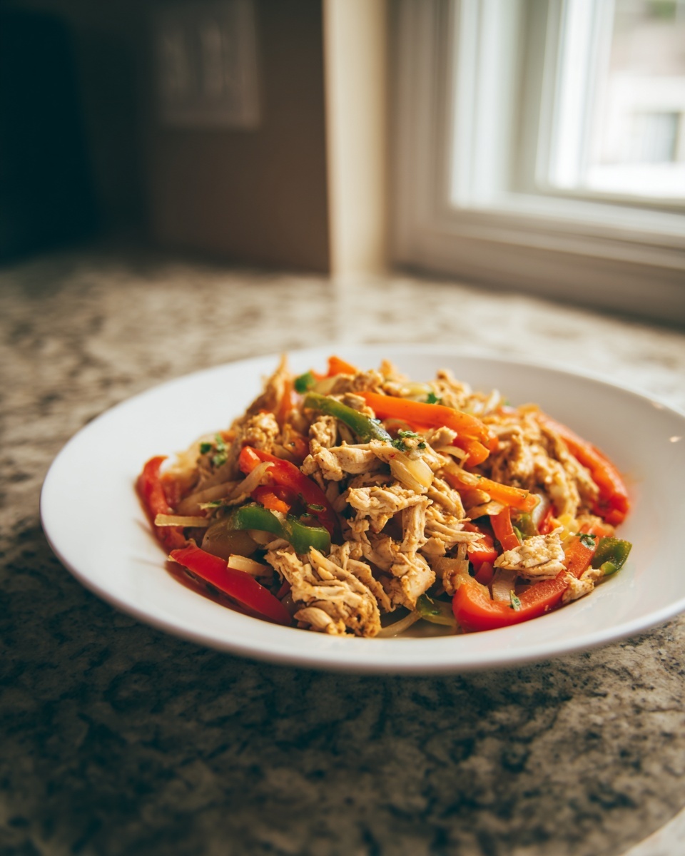 A white bowl filled with shredded crockpot chicken fajitas mixed with sliced red and green bell peppers.