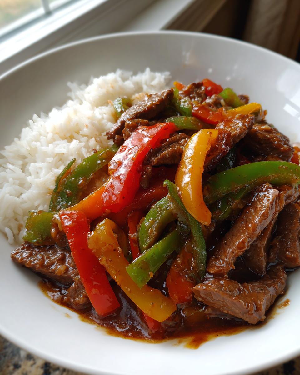 A close-up of crockpot Chinese pepper steak strips mixed with red, green, and yellow bell peppers, served over white rice in a bowl.