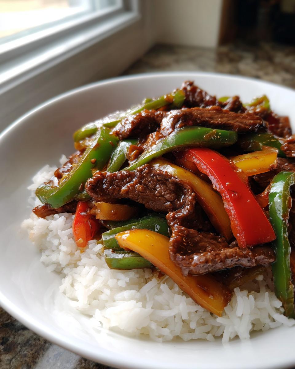 Close-up of crockpot Chinese pepper steak with beef strips and colorful bell peppers served over white rice in a bowl.