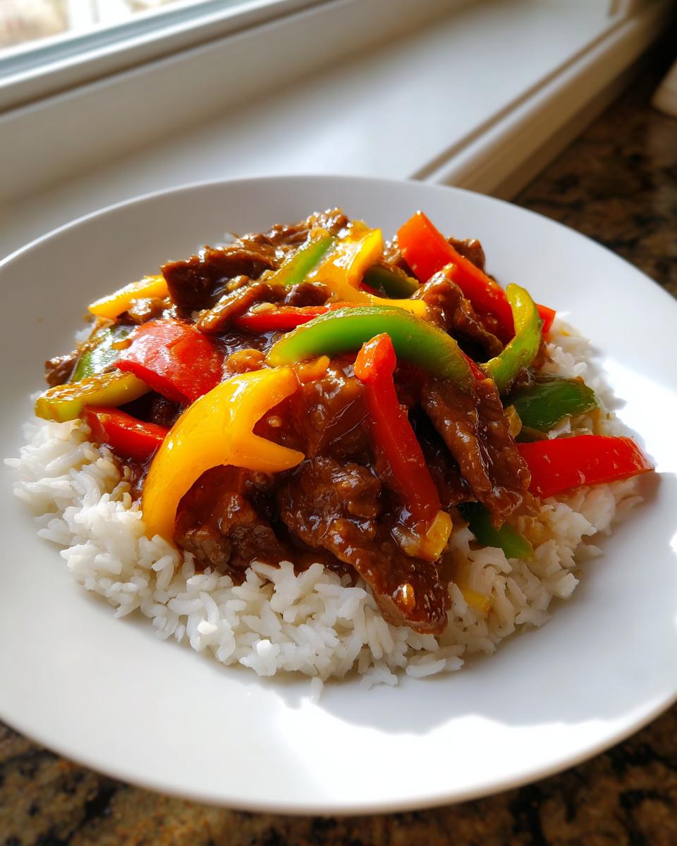 A serving of Crockpot Chinese Pepper Steak with colorful bell peppers over fluffy white rice on a white plate.
