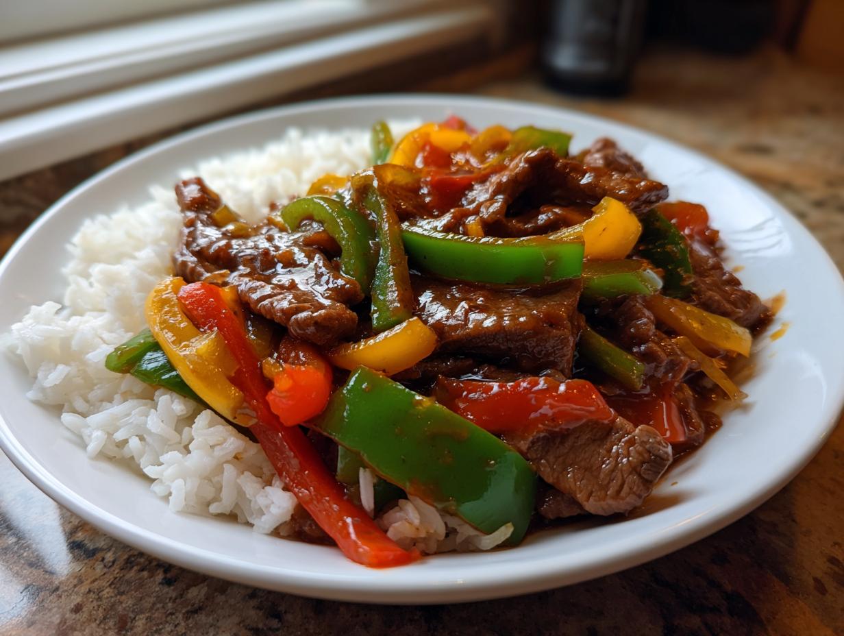 A plate of savory Crockpot Chinese Pepper Steak with colorful bell peppers served over fluffy white rice.