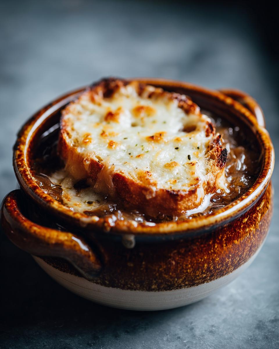 Close-up of a crockpot french onion soup bowl topped with a thick slice of toasted bread and melted, bubbly Gruyère cheese.