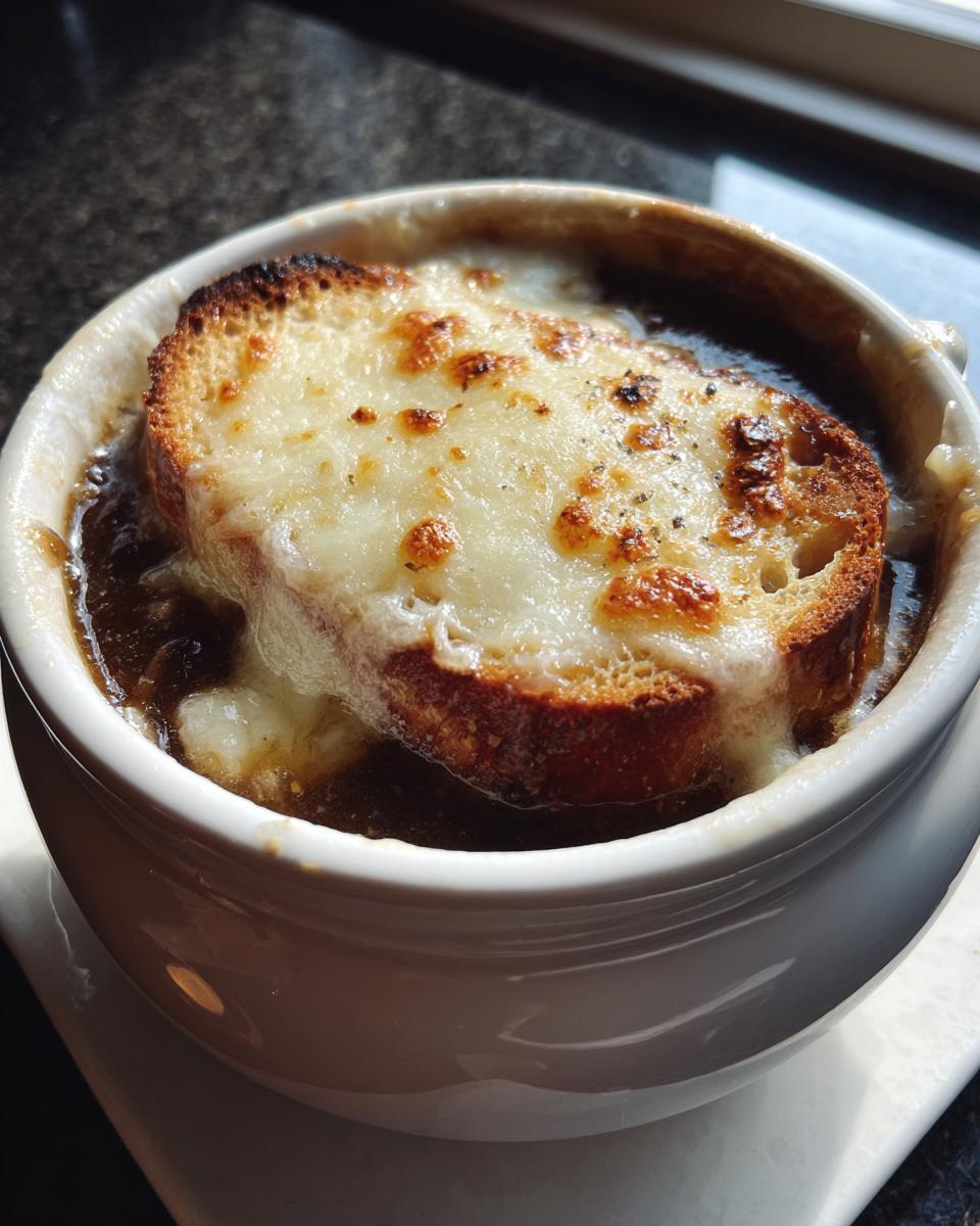 Close-up of a bowl of crockpot french onion soup topped with a thick, cheesy, broiled crouton.