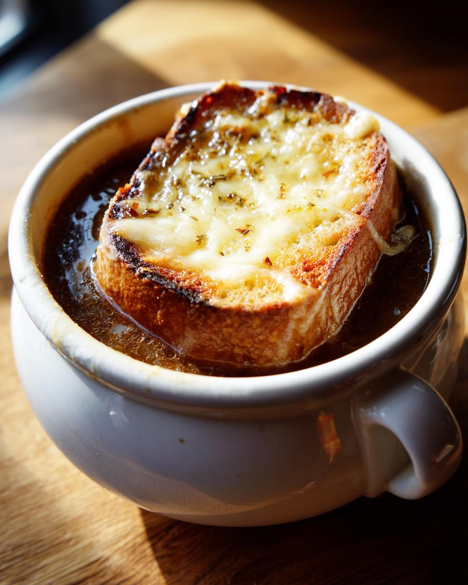 A close-up of crockpot french onion soup topped with a thick, cheesy, herb-sprinkled crouton.