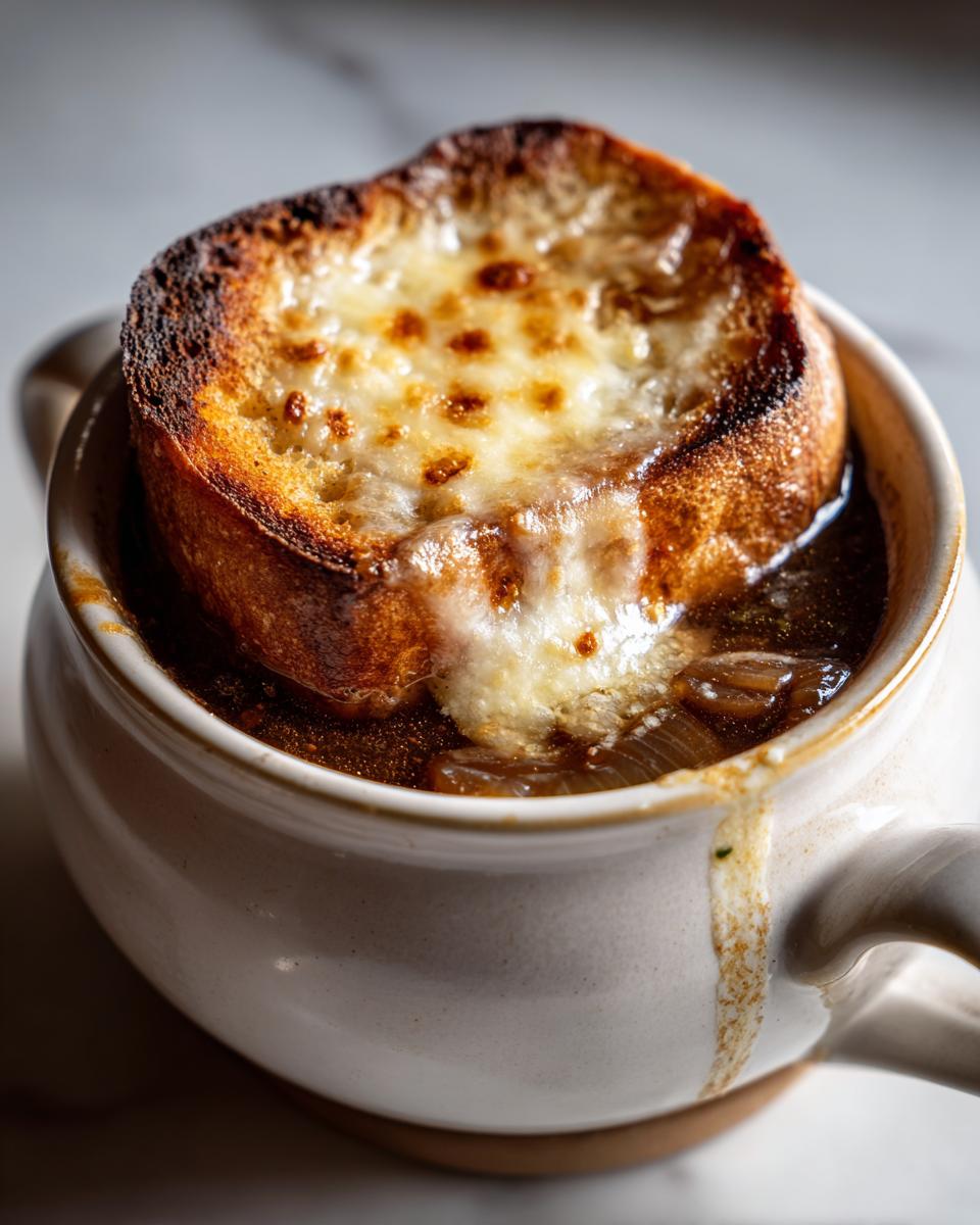 Close-up of rich crockpot french onion soup topped with a thick, melted, and broiled cheese crouton.