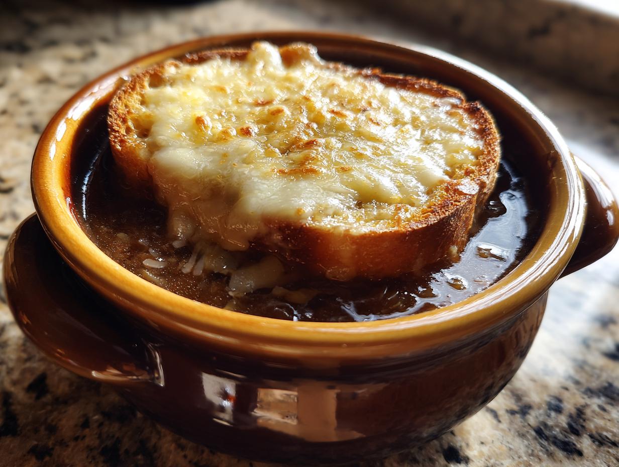 Close-up of a rich crockpot french onion soup topped with a cheesy, melted Gruyère crouton in a brown bowl.