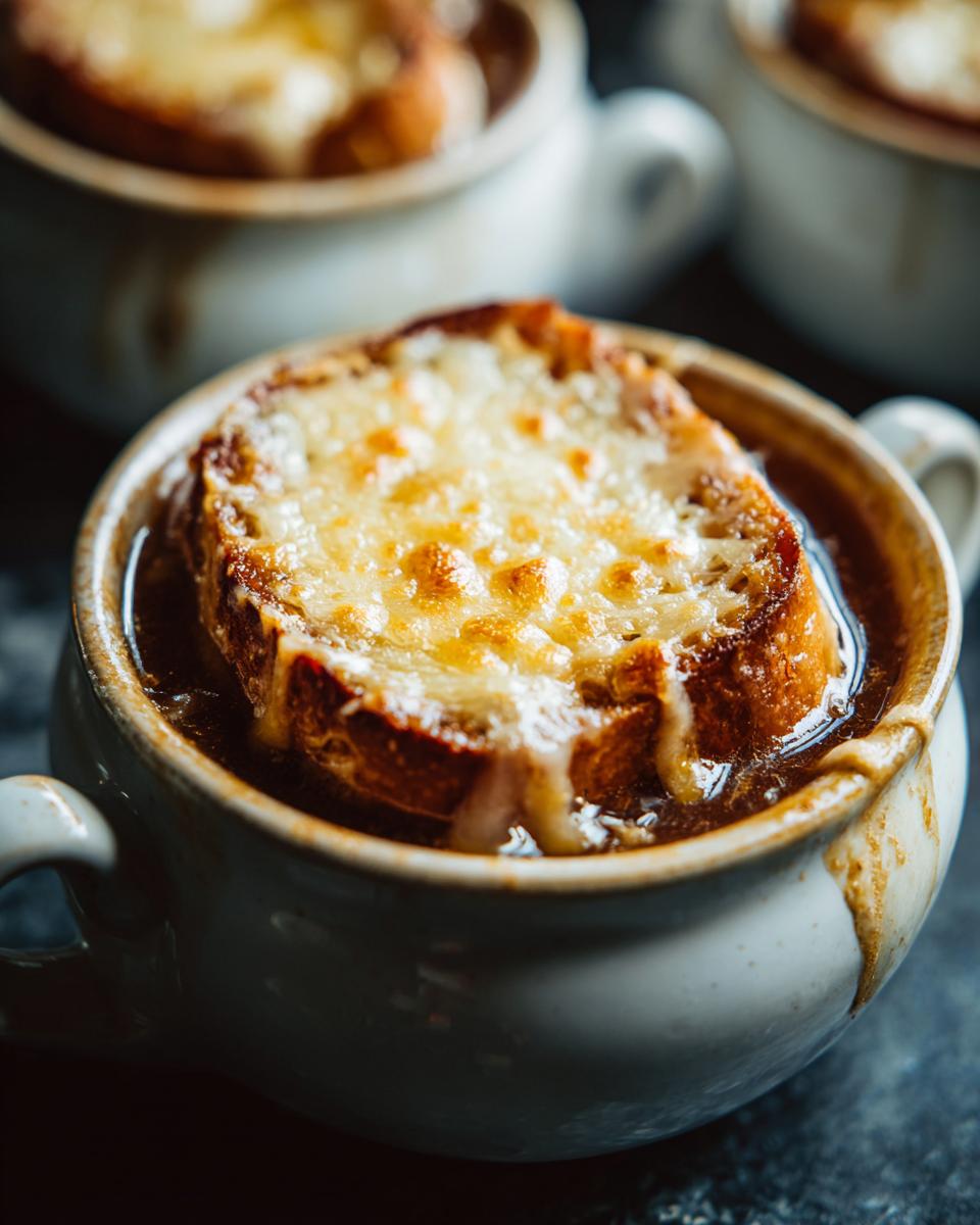 Close-up of rich crockpot french onion soup slow cooker topped with melted, bubbly cheese over a crouton.