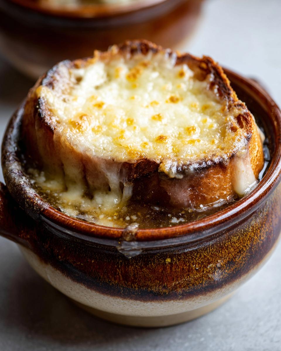 Close-up of a crockpot french onion soup slow cooker serving topped with a thick slice of toasted bread and melted, bubbly cheese.