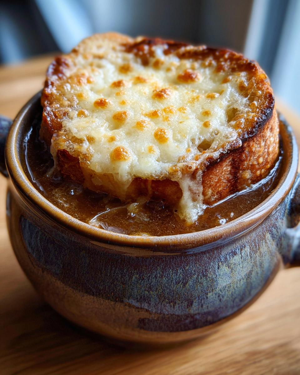 Close-up of crockpot french onion soup slow cooker topped with a cheesy, toasted bread crouton.
