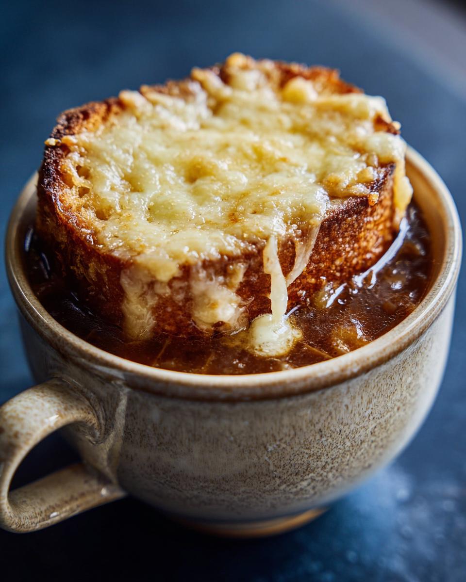 Close-up of a bowl of rich crockpot french onion soup slow cooker topped with a toasted crouton and melted Gruyère cheese.