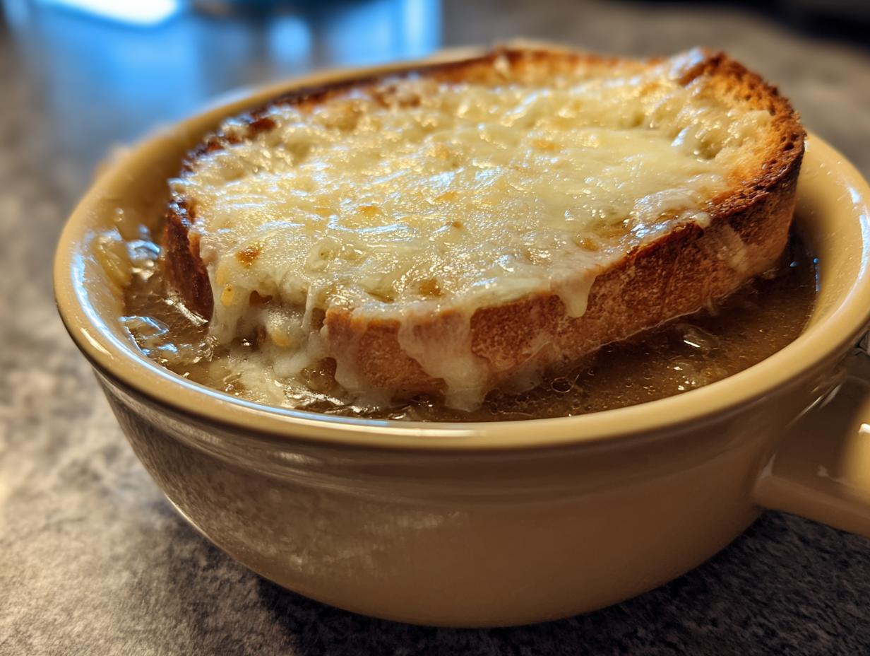 Close-up of a bowl of crockpot french onion soup slow cooker topped with a thick slice of toasted bread and melted, bubbly cheese.
