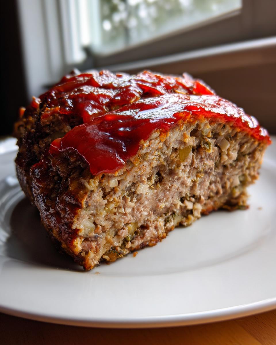 A thick slice of crockpot stove top stuffing meatloaf topped with a bright red ketchup glaze, served on a white plate.